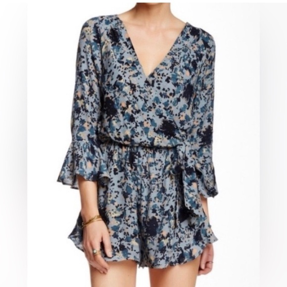 Free People Pants - Free People Floral Wrap Romper Boho Ruffle Tie Waist Blue Size S